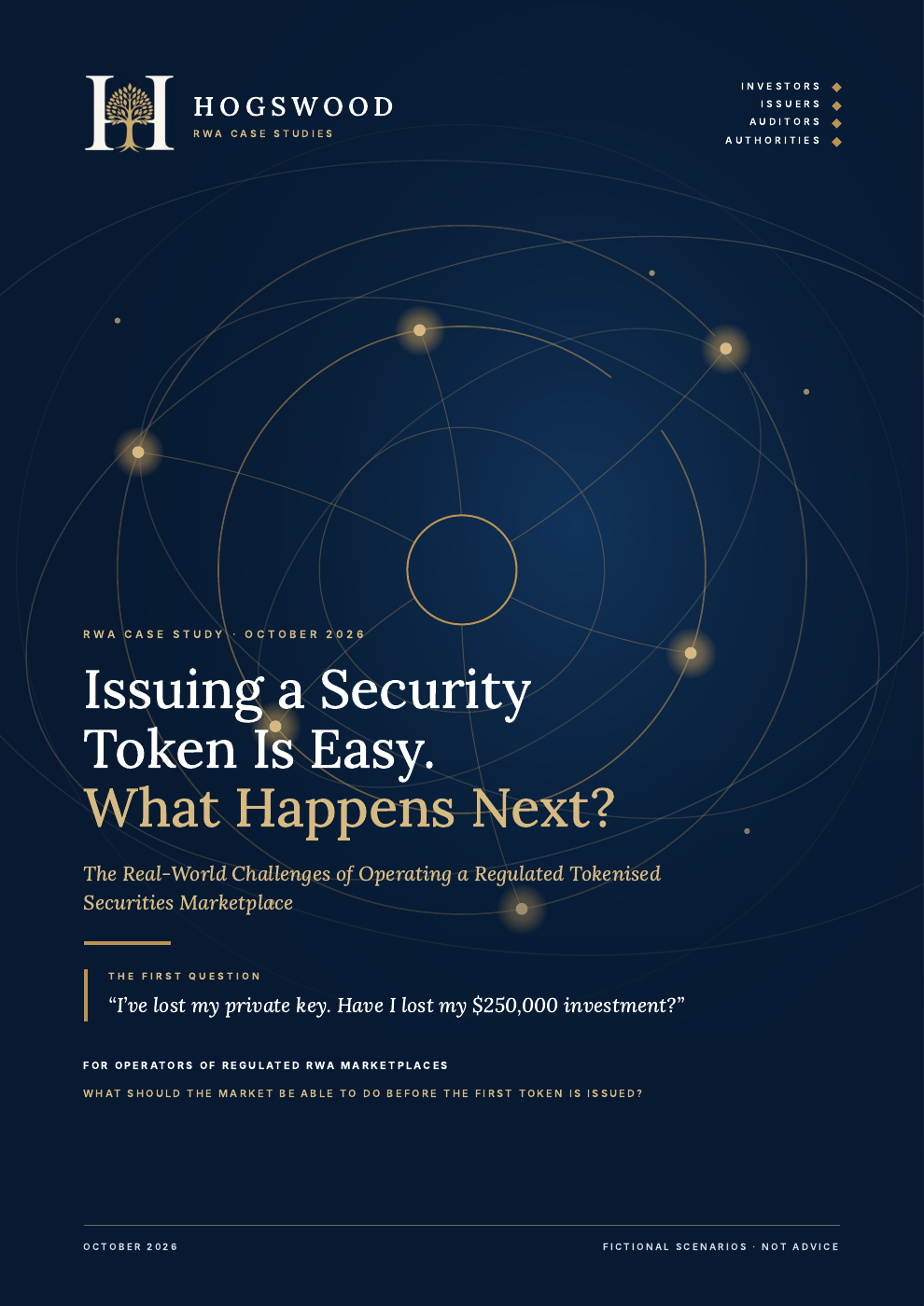 Original cover of Issuing a Security Token Is Easy. What Happens Next?, Hogswood RWA Case Studies, October 2026
